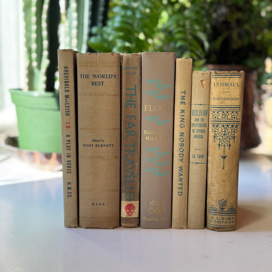 Old Beige Blue Green Vintage and Antique Books for Shelf Styling