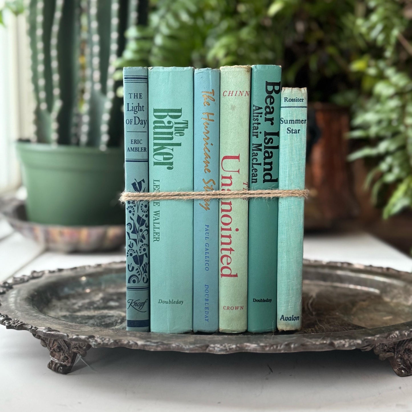 Teal Green and Blue Shabby Vintage Book Bundle for Shelf Styling Decor