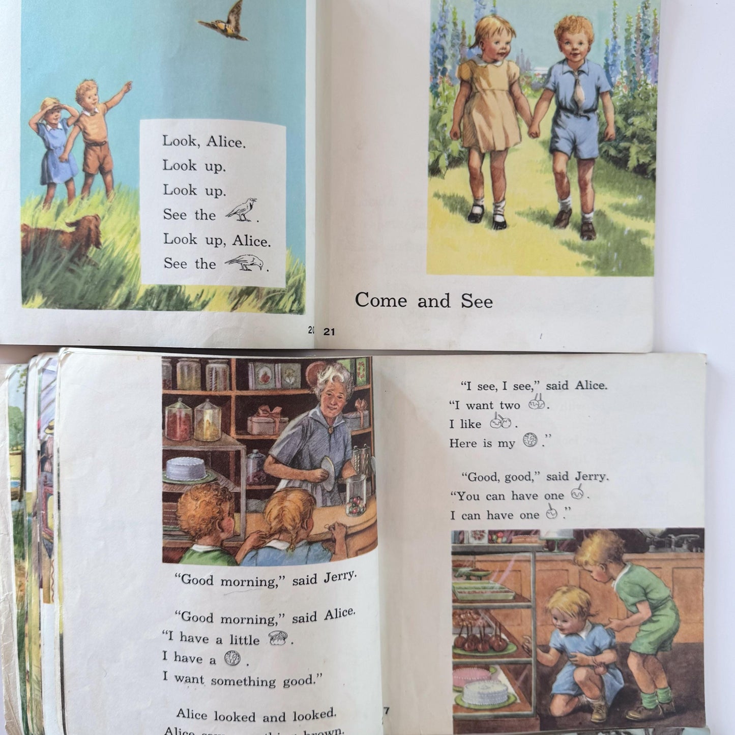 Alice and Jerry Pre-Primer Set, 1-4, 1947 Paperbacks, Skip Along, Open the Door, Under the Sky, High on a Hill