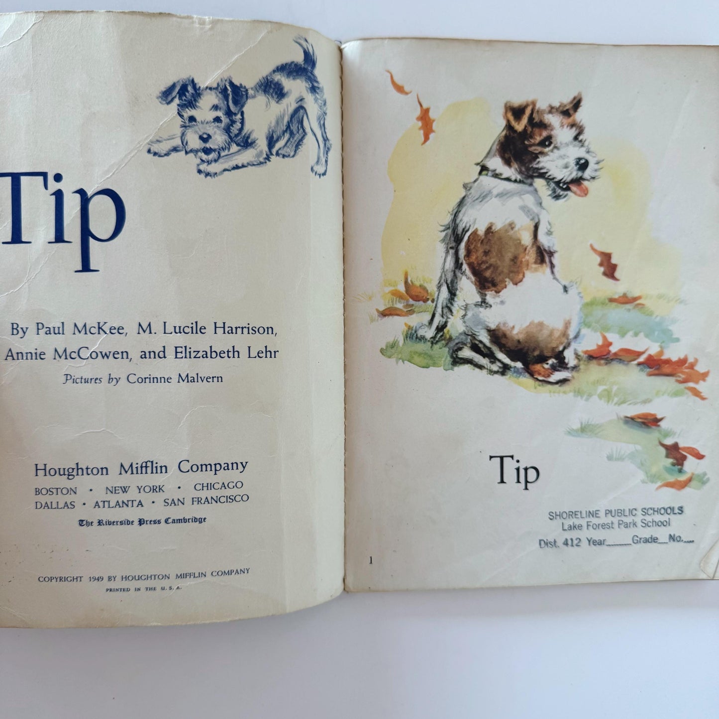 Tip, 1949 Primary Reader, Mid Century School Book, Dog Stories