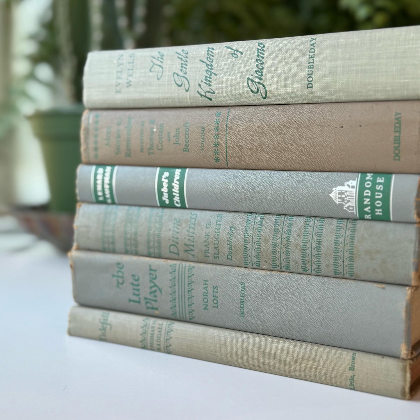 Mid-Century Gray and Green Vintage Books for Shelf Styling