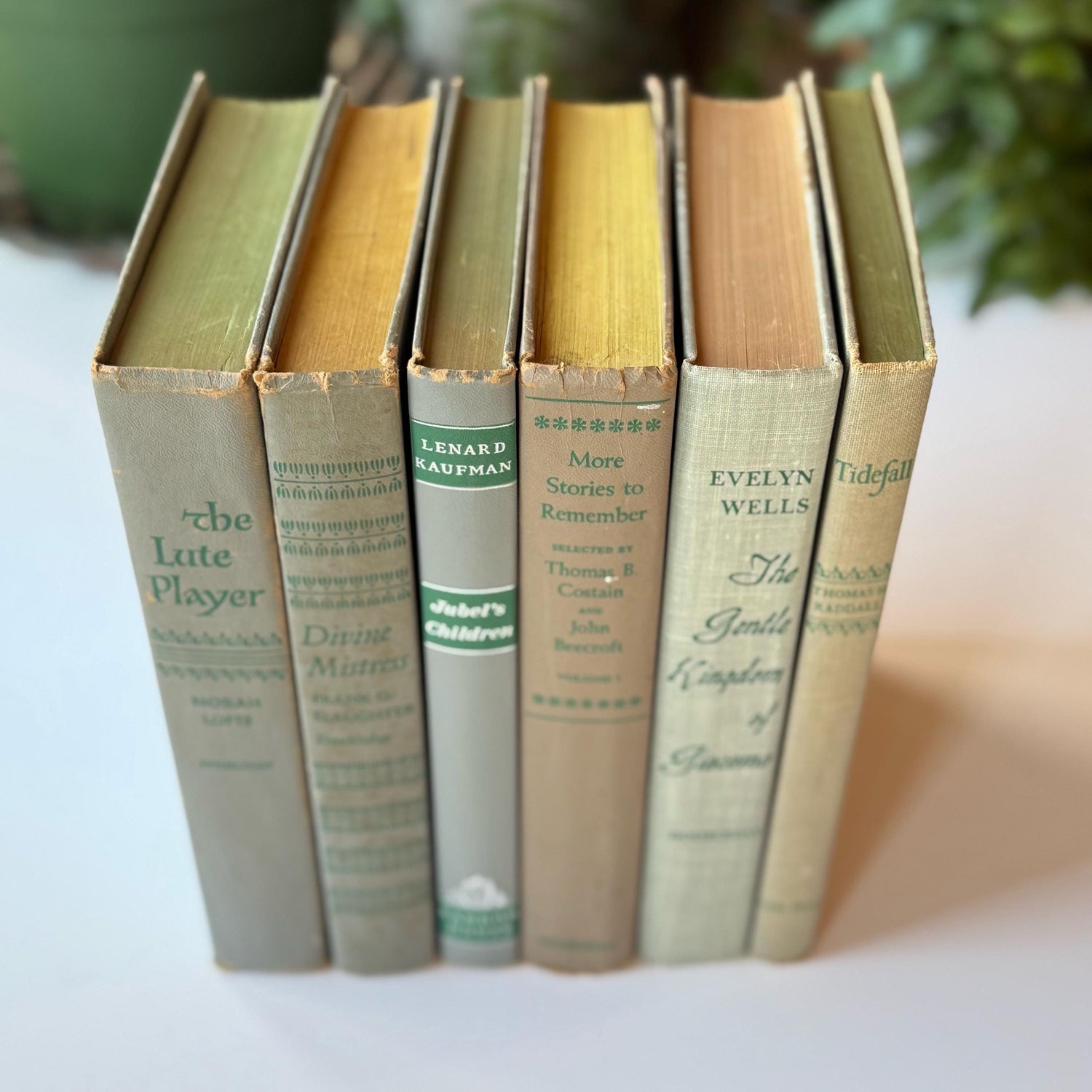 Mid-Century Gray and Green Vintage Books for Shelf Styling