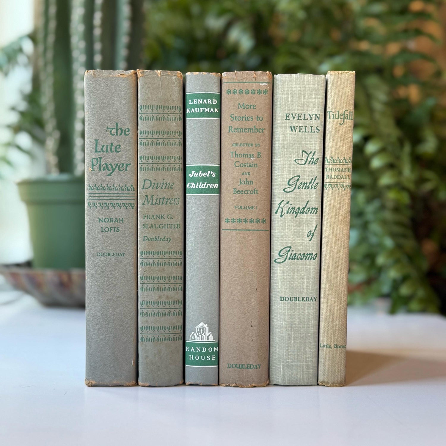 Mid-Century Gray and Green Vintage Books for Shelf Styling