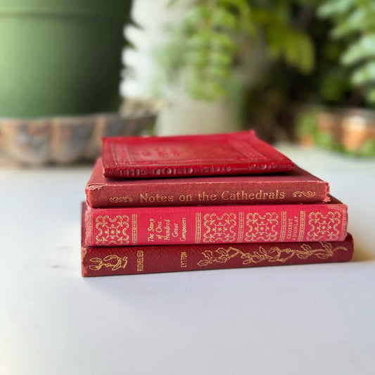 Antique Red Mini Book Bundle, Shabby Distressed Nightstand Decor, Small Books