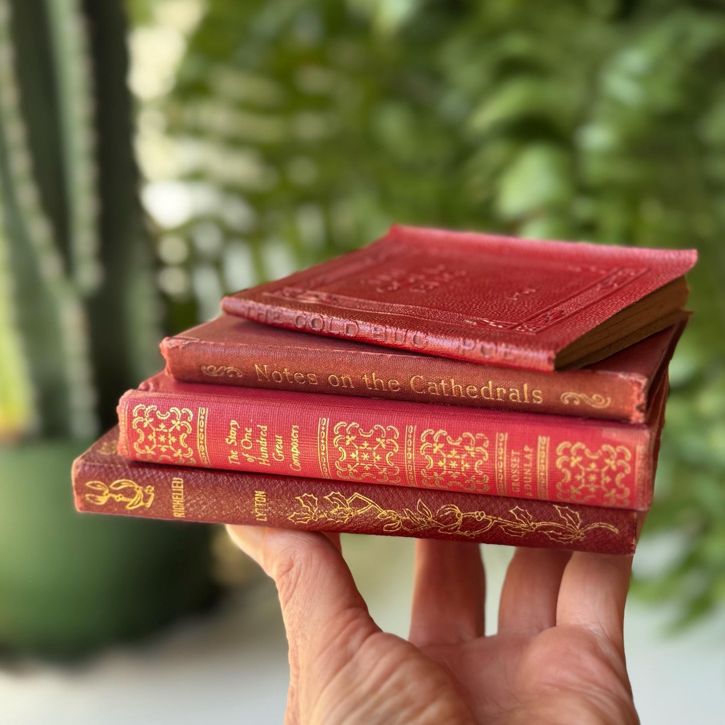 Antique Red Mini Book Bundle, Shabby Distressed Nightstand Decor, Small Books