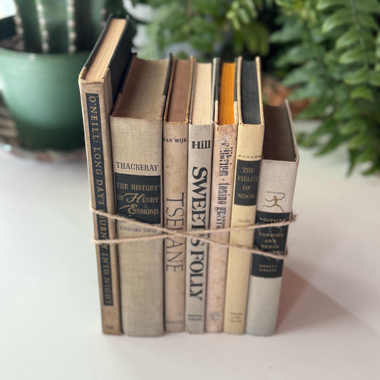 Vintage Gray Tan and Black Shabby Distressed Book Set, Old Books For Shelf Styling