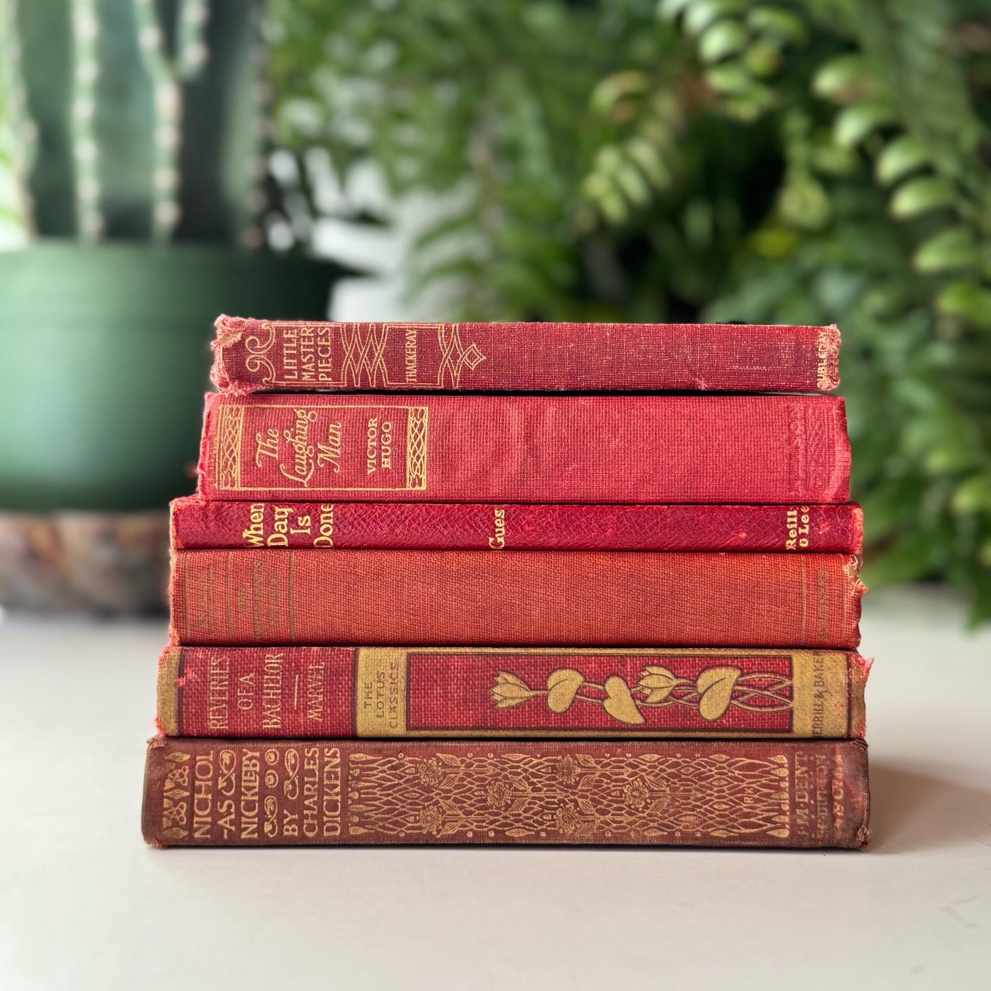 Antique Red Mini Book Bundle, English Literature and Poetry, Shabby Distressed Small Books