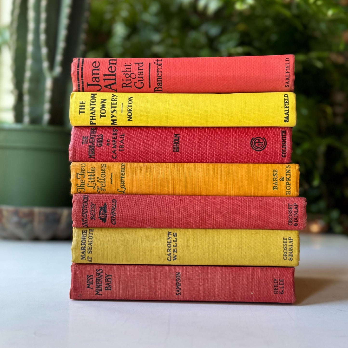 Red and Yellow Antique Girls Children's Books, Old Novels For Kids Room Decor