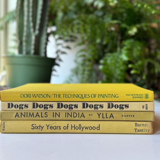 Mustard Yellow Vintage Coffee Table Book Set With Dog Cat Art, Curated Books By Color, 1970s Decor