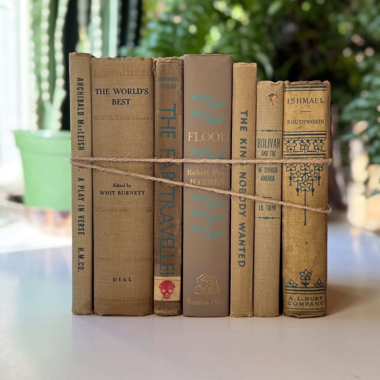 Old Beige Blue Green Vintage and Antique Books for Shelf Styling