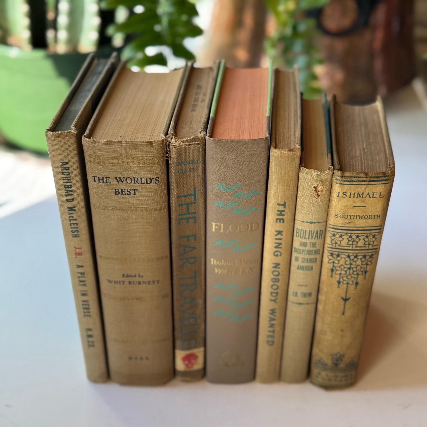 Old Beige Blue Green Vintage and Antique Books for Shelf Styling