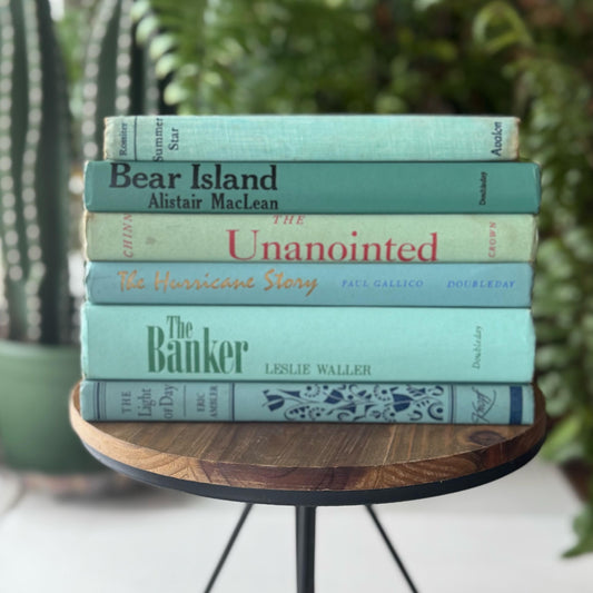 Teal Green and Blue Shabby Vintage Book Bundle for Shelf Styling Decor