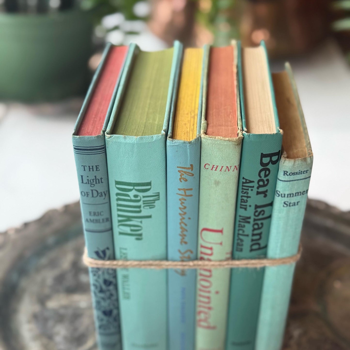 Teal Green and Blue Shabby Vintage Book Bundle for Shelf Styling Decor