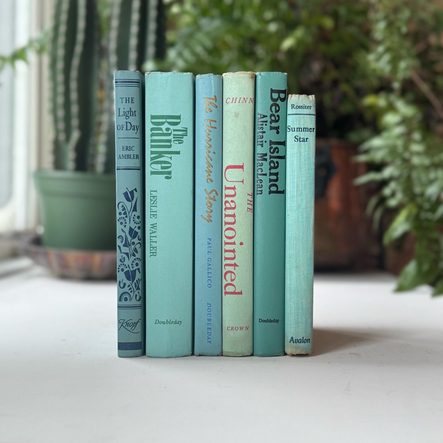 Teal Green and Blue Shabby Vintage Book Bundle for Shelf Styling Decor