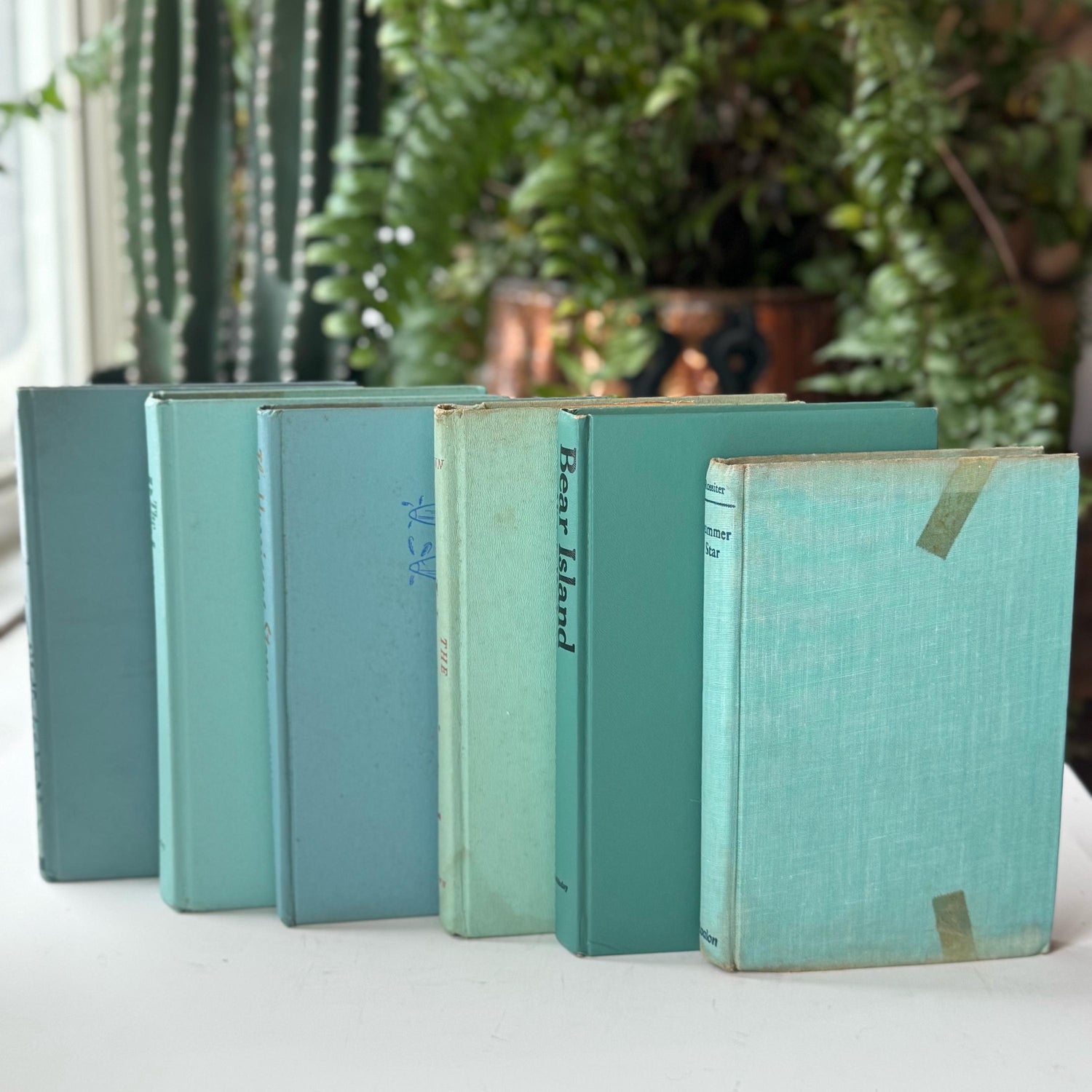 Teal Green and Blue Shabby Vintage Book Bundle for Shelf Styling Decor