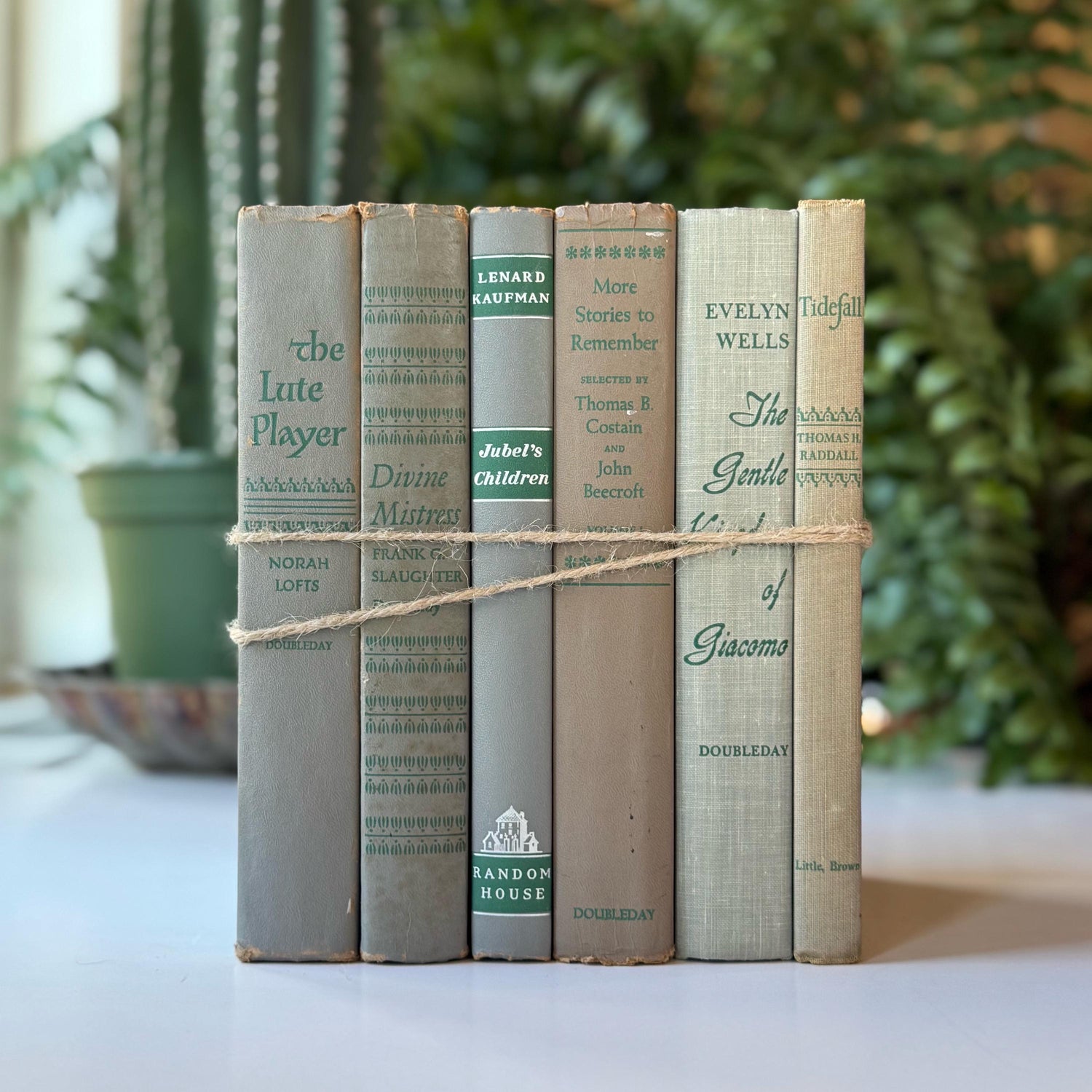 Mid-Century Gray and Green Vintage Books for Shelf Styling