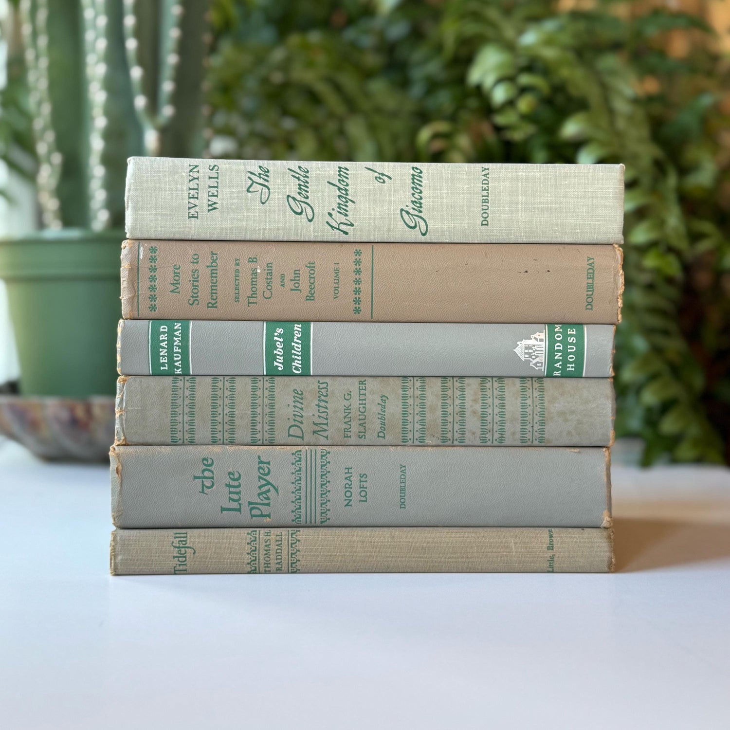 Mid-Century Gray and Green Vintage Books for Shelf Styling