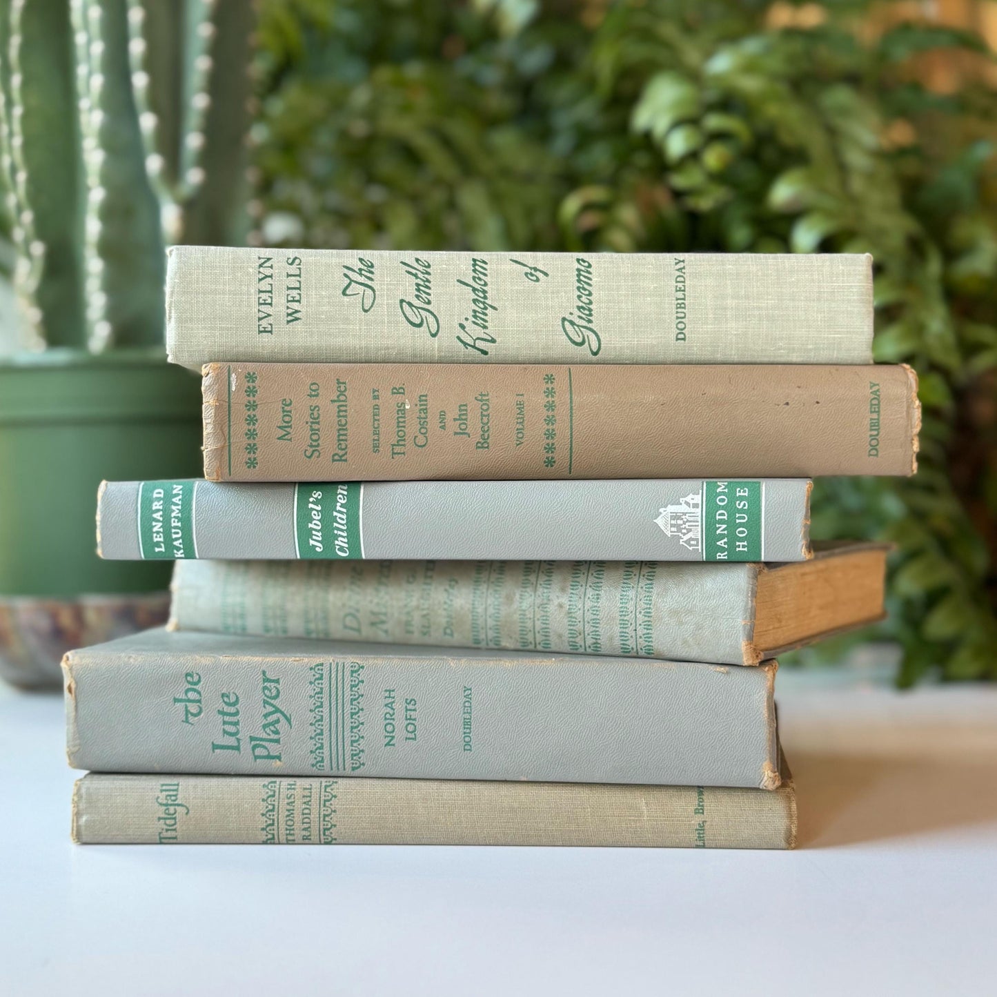 Mid-Century Gray and Green Vintage Books for Shelf Styling