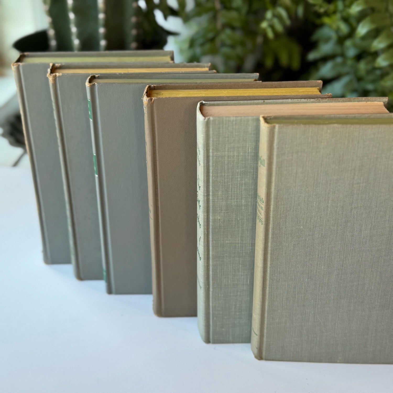 Mid-Century Gray and Green Vintage Books for Shelf Styling