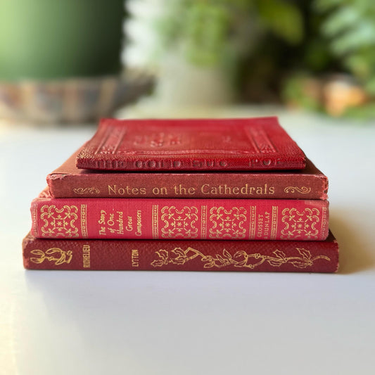 Antique Red Mini Book Bundle, Shabby Distressed Nightstand Decor, Small Books