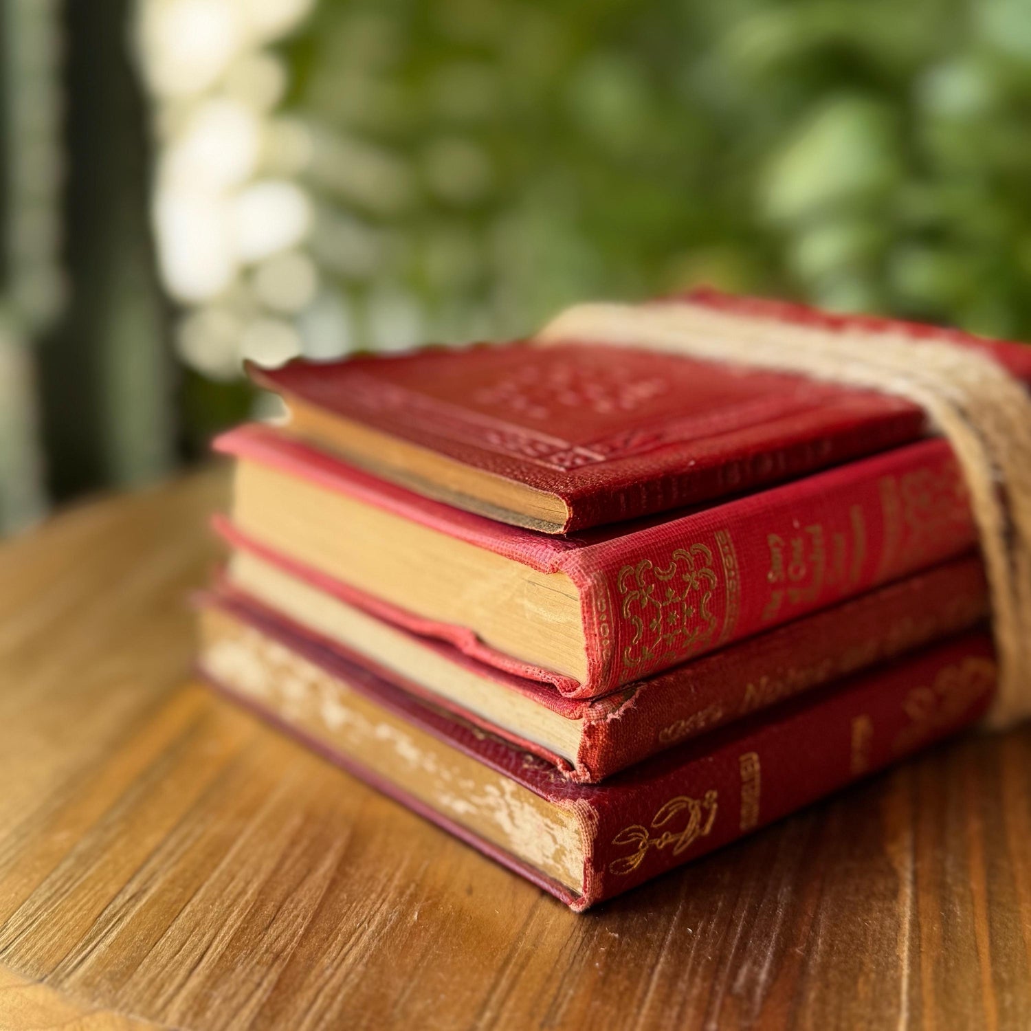 Antique Red Mini Book Bundle, Shabby Distressed Nightstand Decor, Small Books