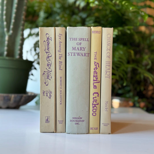 Tan and Purple Vintage Decorative Books for 1960s and 1970s Retro Shelf Styling