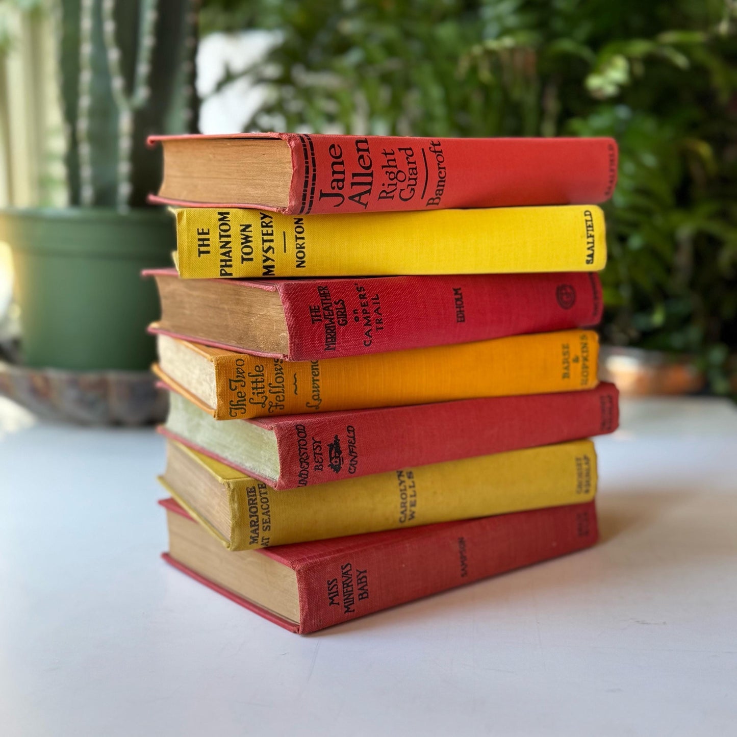 Red and Yellow Antique Girls Children's Books, Old Novels For Kids Room Decor