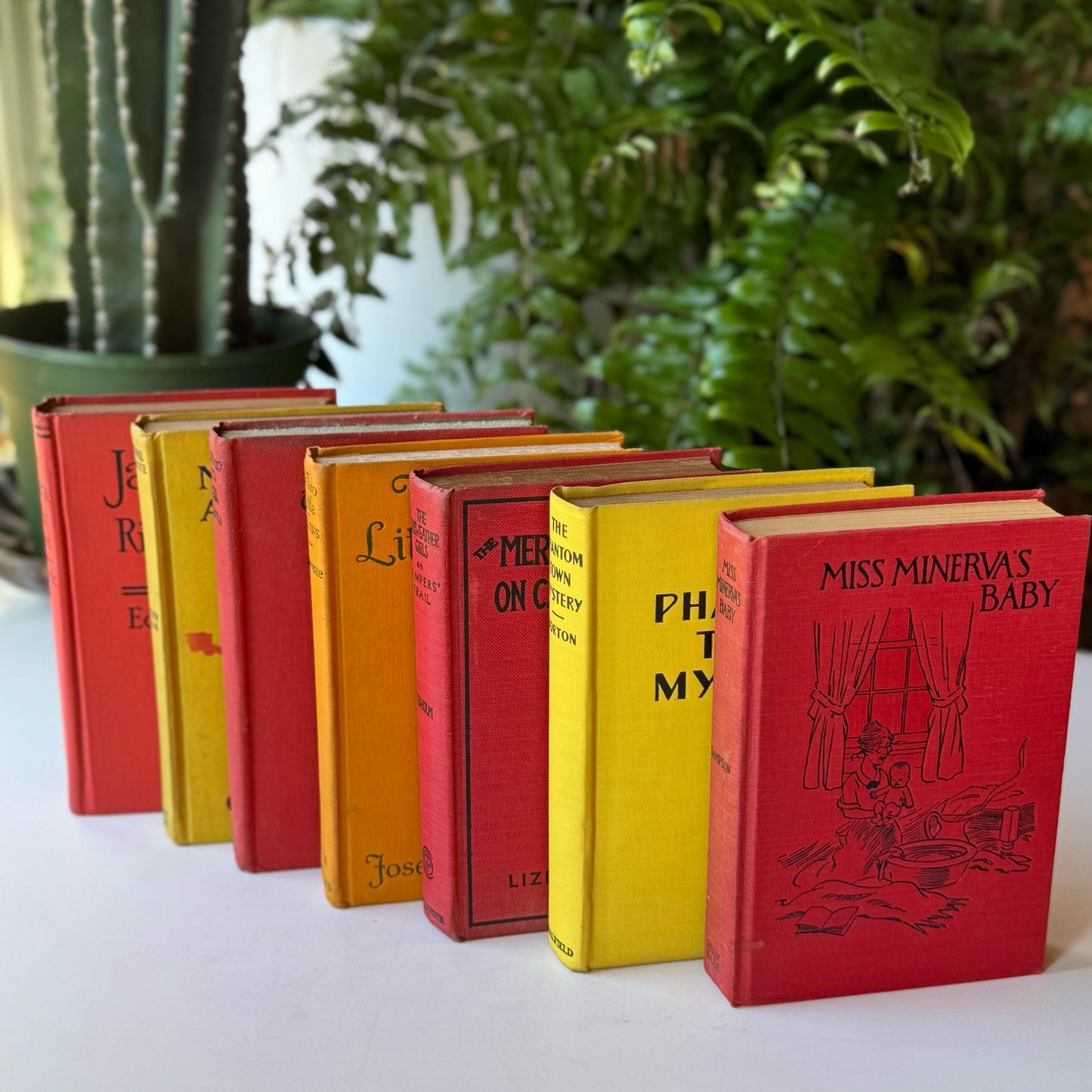 Red and Yellow Antique Girls Children's Books, Old Novels For Kids Room Decor