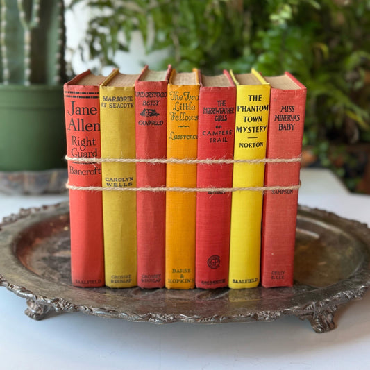 Red and Yellow Antique Girls Children's Books, Old Novels For Kids Room Decor