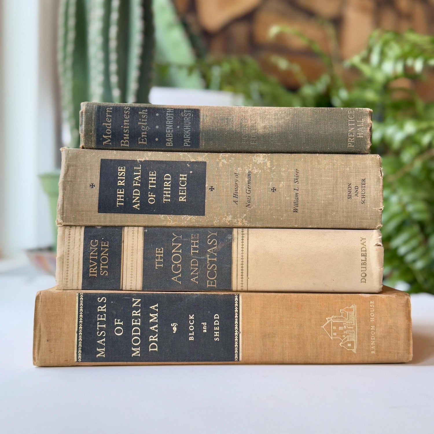 Gray, Olive, and Tan Shabby Vintage Books for Shelf Styling