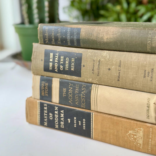 Gray, Olive, and Tan Shabby Vintage Books for Shelf Styling