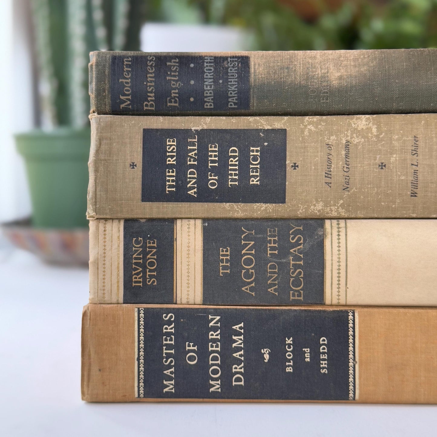 Gray, Olive, and Tan Shabby Vintage Books for Shelf Styling