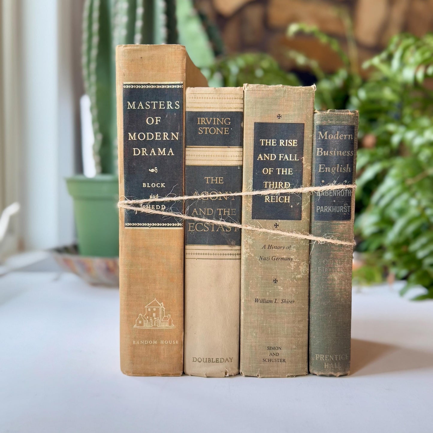 Gray, Olive, and Tan Shabby Vintage Books for Shelf Styling