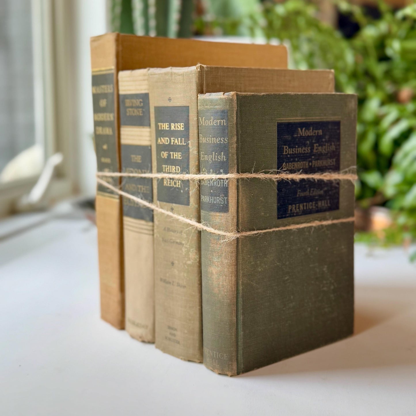 Gray, Olive, and Tan Shabby Vintage Books for Shelf Styling