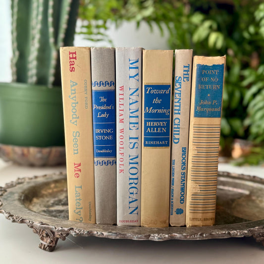 Beige Tan Cream Blue Vintage Mid Century Book Bundle for Shelf Styling