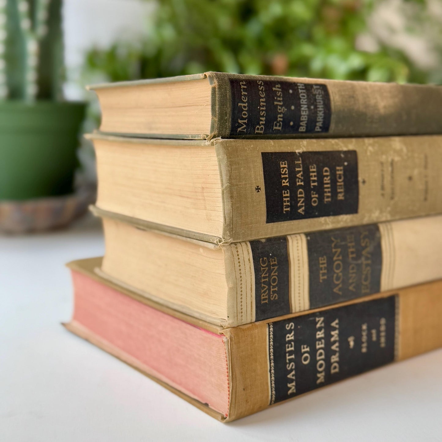 Gray, Olive, and Tan Shabby Vintage Books for Shelf Styling