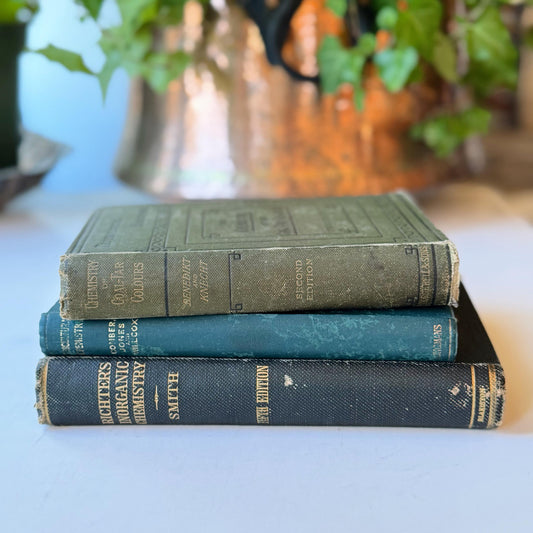 Antique Chemistry Science School Books, Blue and Green Old Textbooks