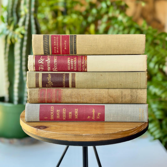 Beige Vintage Decorative Books, Masculine Mid-Century Beige and Red Book Bundle, Aesthetic Books By Color for Decor