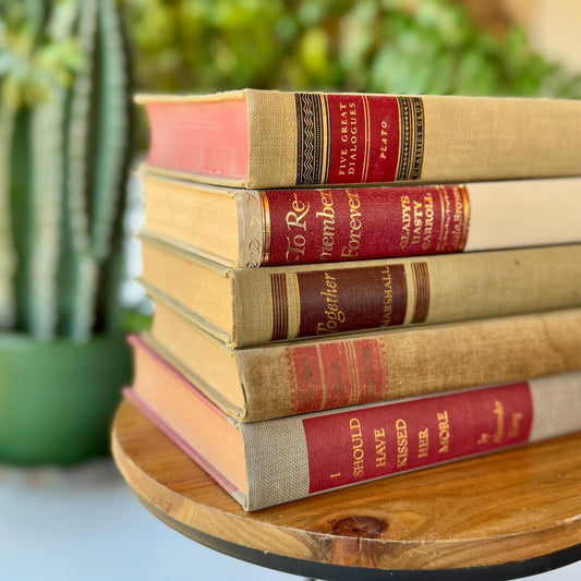 Beige Vintage Decorative Books, Masculine Mid-Century Beige and Red Book Bundle, Aesthetic Books By Color for Decor