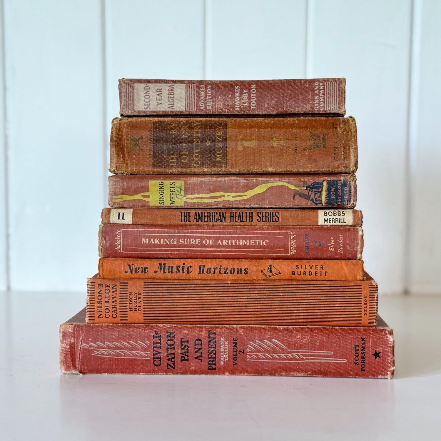 Old Distressed Orange Terra Cotta School Books, Shabby Book Set for Decor, Classroom Decor, Fall Autumn Rust Red