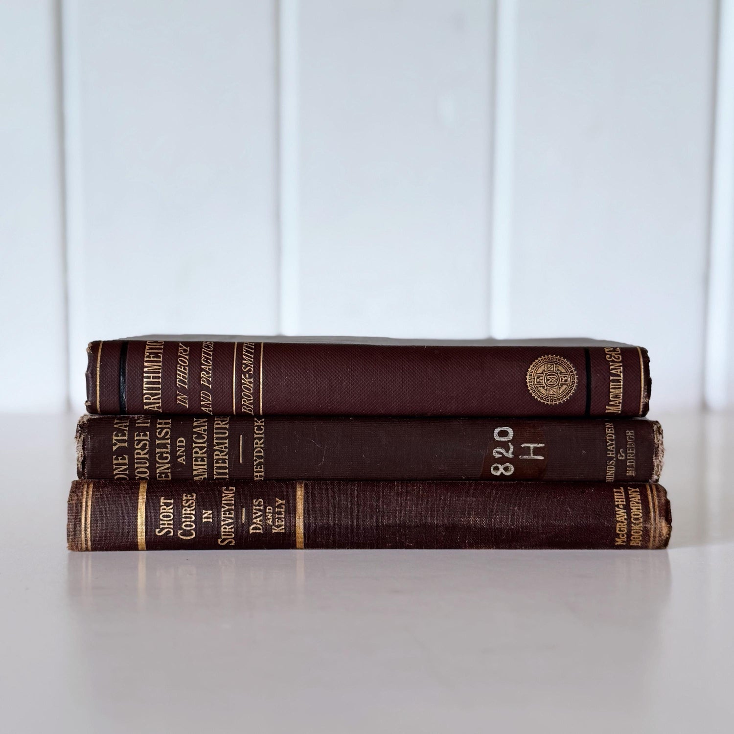 Antique Brown School Book Bundle, College English American Literature, Surveying, Arithmetic