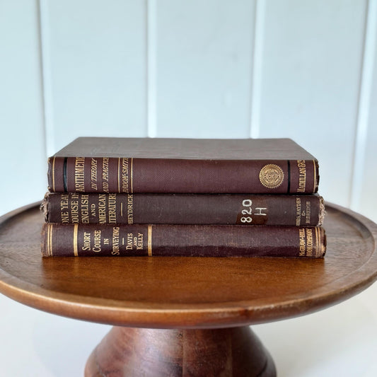 Antique Brown School Book Bundle, College English American Literature, Surveying, Arithmetic