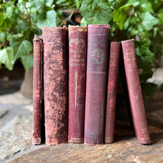 Red Antique Distressed School Book Bundle, Shabby Shelf Styling