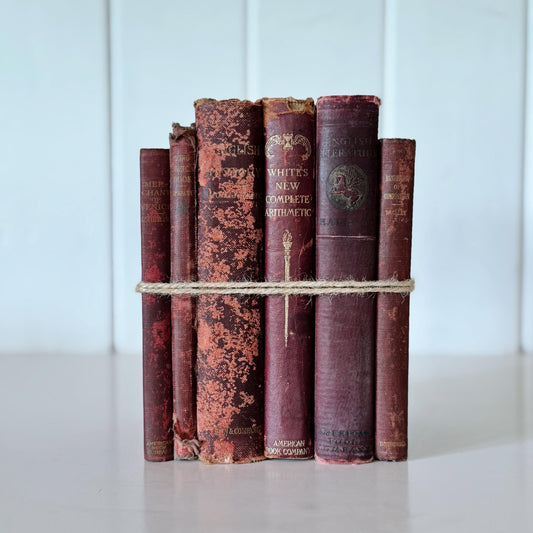 Red Antique Distressed School Book Bundle, Shabby Shelf Styling
