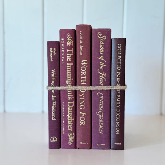 Dark Maroon Red Vintage Books, Wine Red Book Bundle for Retro Shelf Styling