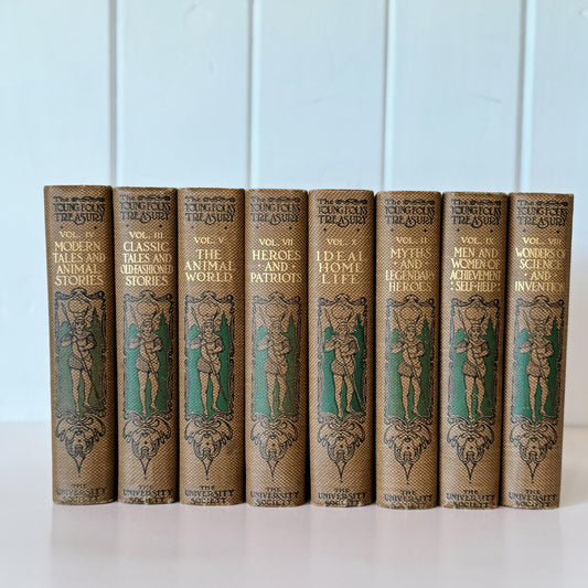The Young Folks' Treasury, 1909 Ornate Tan Gold Green Partial Book Set