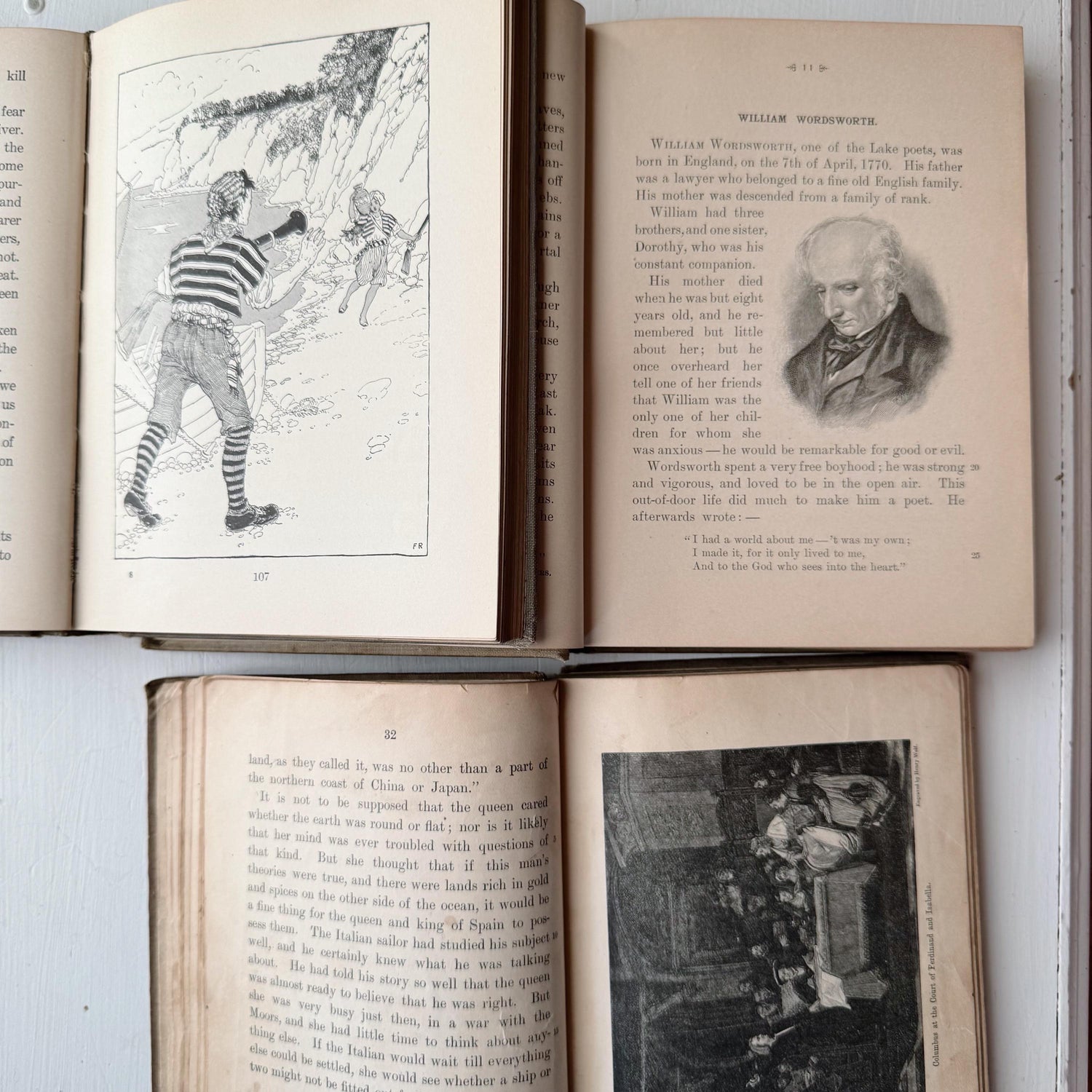 Shabby Brown School Book Stack, 3 Antique Elementary School Readers Classic Literature