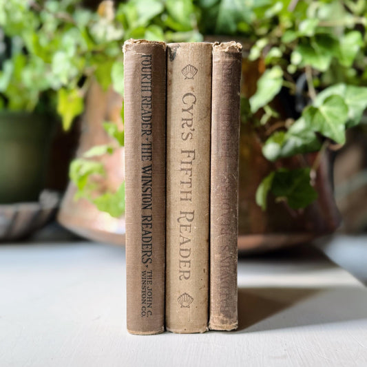 Shabby Brown School Book Stack, 3 Antique Elementary School Readers Classic Literature