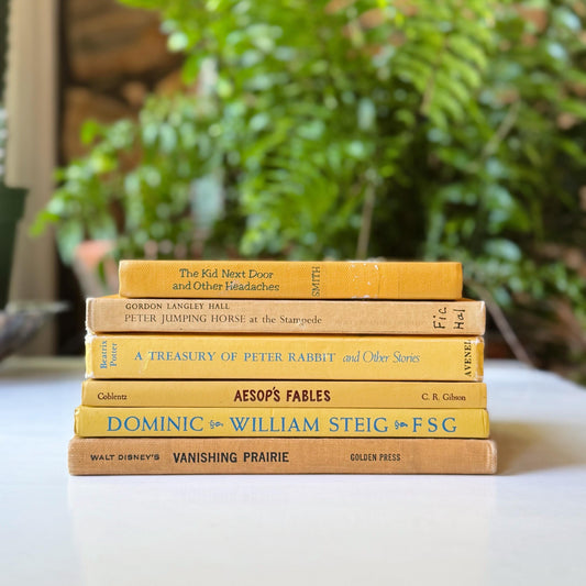 Vintage Yellow Kids Books for Playroom Decor, Yellow Children's Books for Shelf Styling