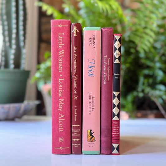 Vintage Red and Pink Classic Children's Books, Book Bundle for Girls Playroom Shelf Styling